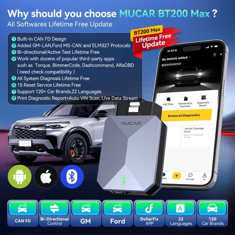 دیاگ بلوتوث BT200 MAX ابزار عیبیابی خودرو OBD2 برای اندروید و ویندوز ، جدیدترین دیاگ MUKAR با آپدیت مادام العمر