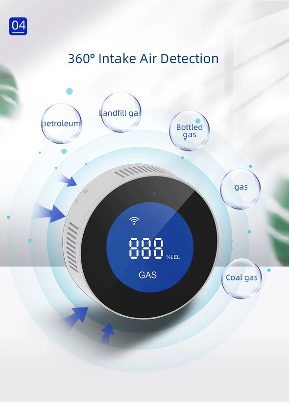 سنسور گاز هوشمند Tuya WiFi با LCD – تشخیص سریع نشت گاز LPG و شهری و کنترل از راه دور