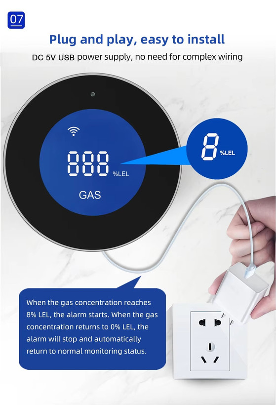 سنسور گاز هوشمند Tuya WiFi با LCD – تشخیص سریع نشت گاز LPG و شهری و کنترل از راه دور