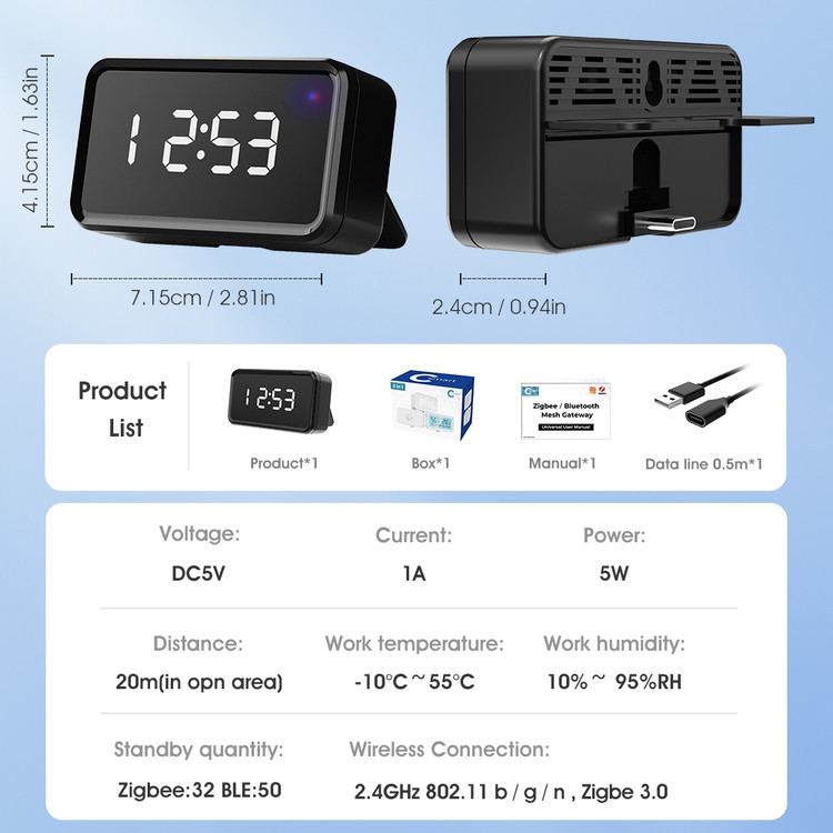 هاب زیگبی بلوتوث وایفای هوشمند چندحالته تویا اسماترول با نمایش ساعت (ZigBee 3.0 + BLE Mesh)