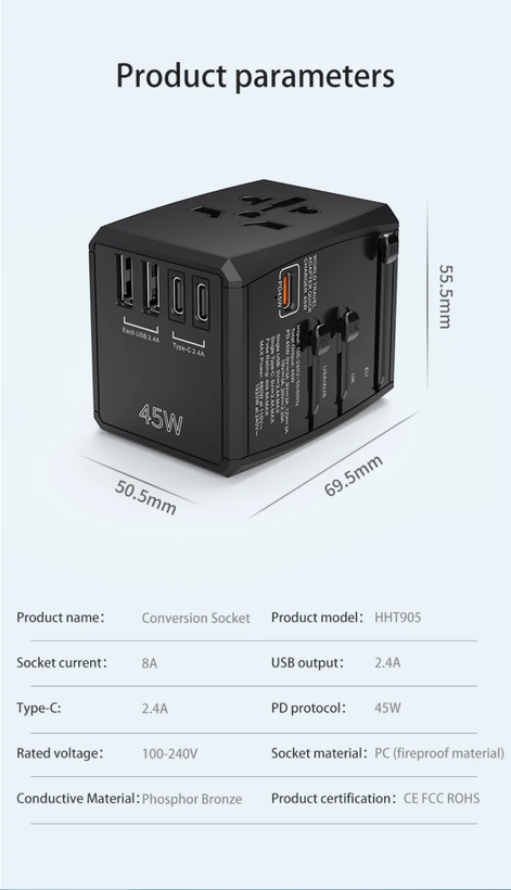 شارژ سریع و تبدیل ۶۵ وات مجهز به ۵ پورت USB و تایپ سی همه کاره مدل Gan 65w