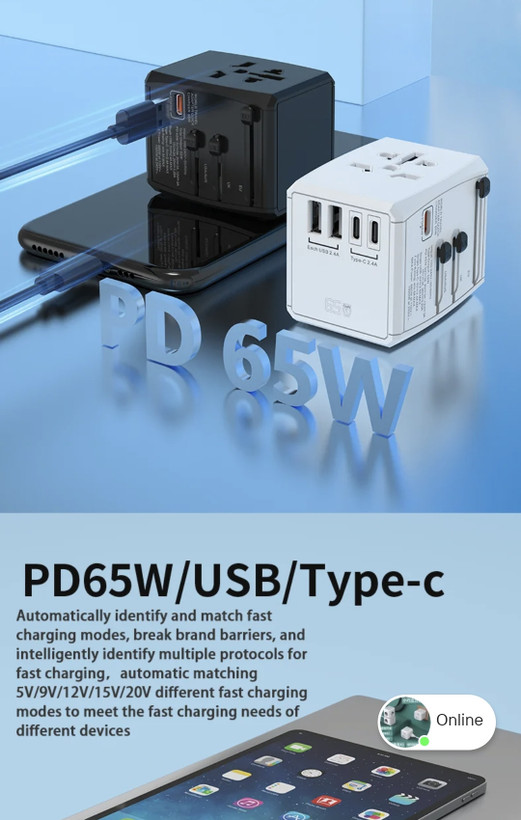 شارژ سریع و تبدیل ۶۵ وات مجهز به ۵ پورت USB و تایپ سی همه کاره مدل Gan 65w