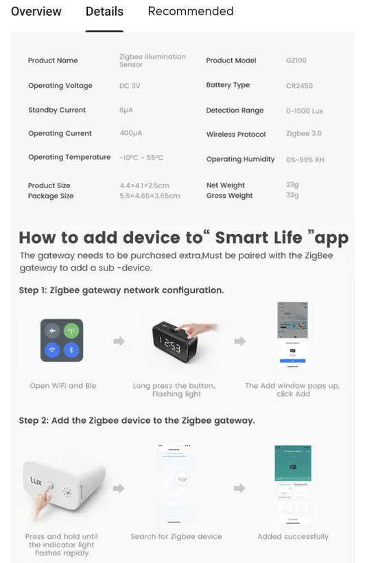 سنسور روشنایی هوشمند Zigbee مدل GZ100 با تشخیص 0 تا 1000 لوکس و زاویه دید 120 درجه