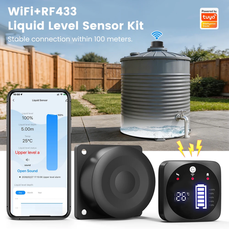 نمایشگر هوشمند سطح آب مخزن WiFi مدل YW002 | سنسور اولتراسونیک، کنترل از راه دور Tuya