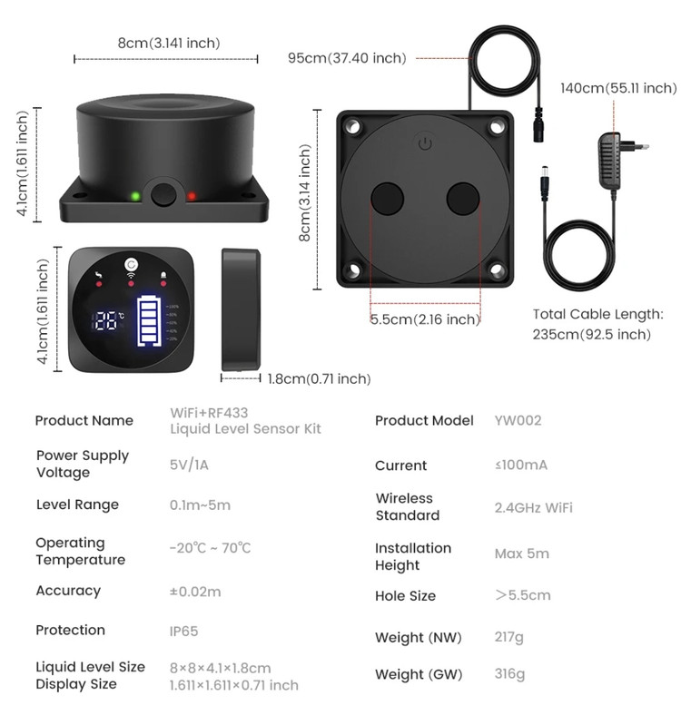 نمایشگر هوشمند سطح آب مخزن WiFi مدل YW002 | سنسور اولتراسونیک، کنترل از راه دور Tuya